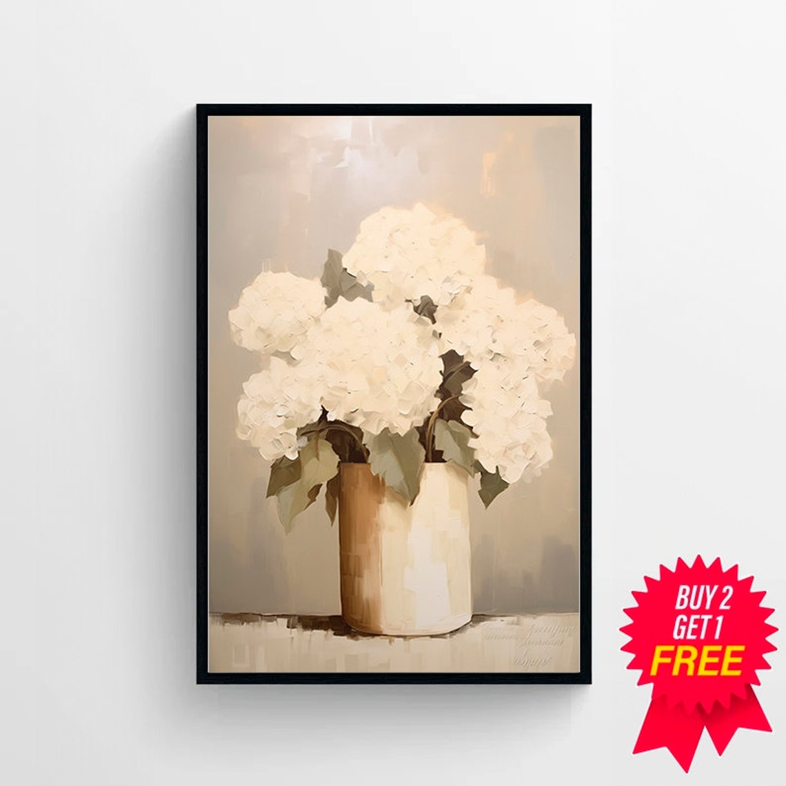 White Hydrangeas in a Golden Vase Warm Farmhouse Floral Poster - Image 4