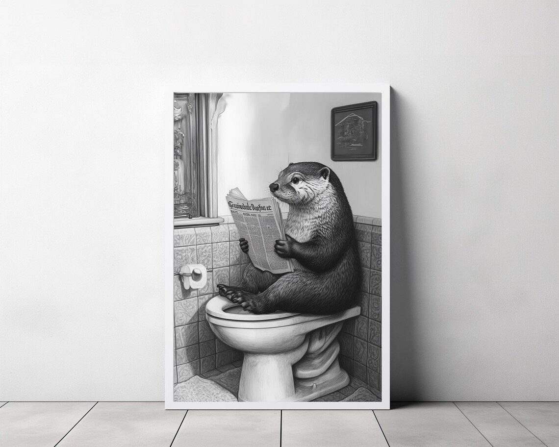 Funny Otter On Toilet Reading Newspaper Humor Bathroom Poster - Image 3