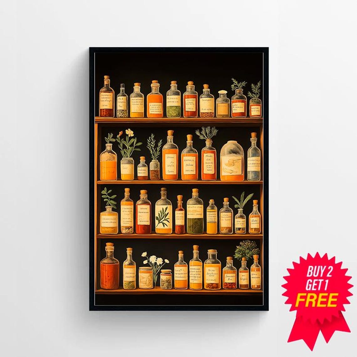 Vintage Apothecary Herb Bottles on Dark Wooden Shelves Poster - Image 4