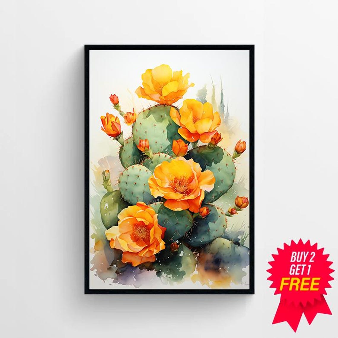Blooming Prickly Pear Cactus with Yellow Blossoms Botanical Poster - Image 4
