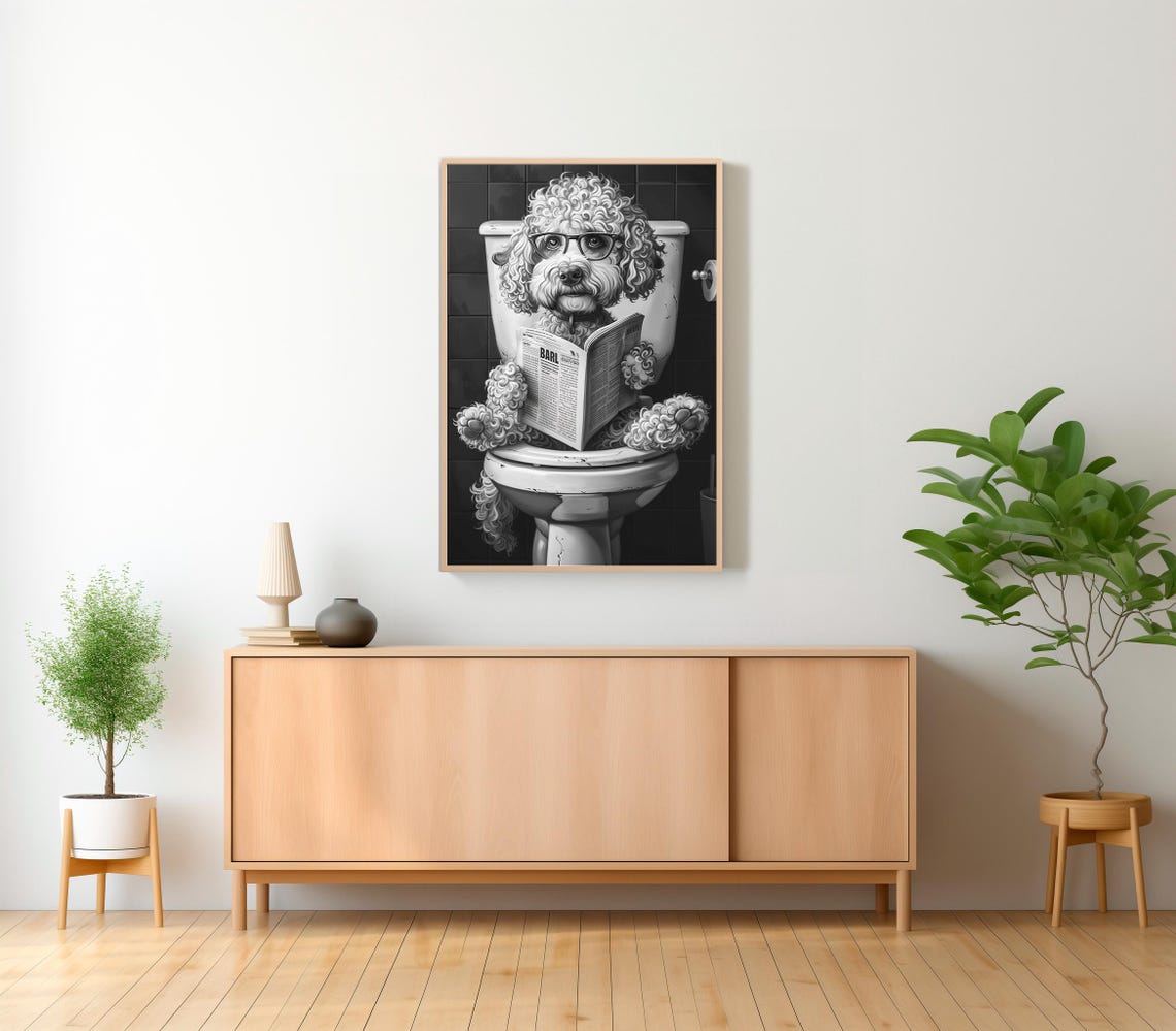 Funny Cockapoo with Glasses Reading a Book on the Toilet Poster - Image 2