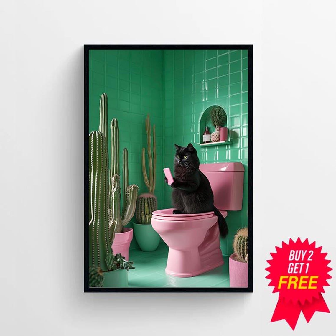 Funny Black Cat Sitting on a Pink Toilet Scrolling Phone Poster - Image 4