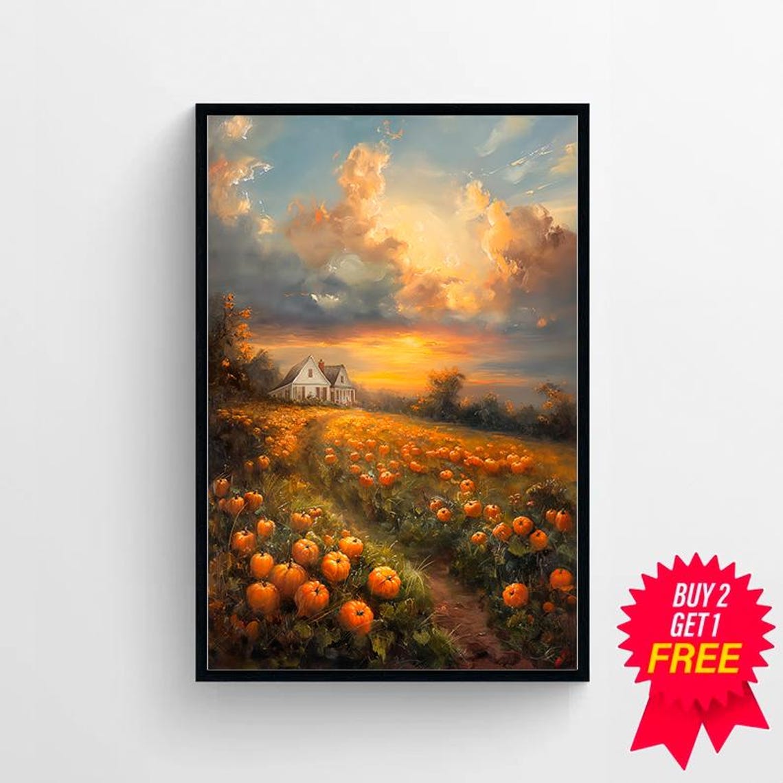 Golden Pumpkin Patch Field at Sunset with White Farmhouse Poster - Image 4