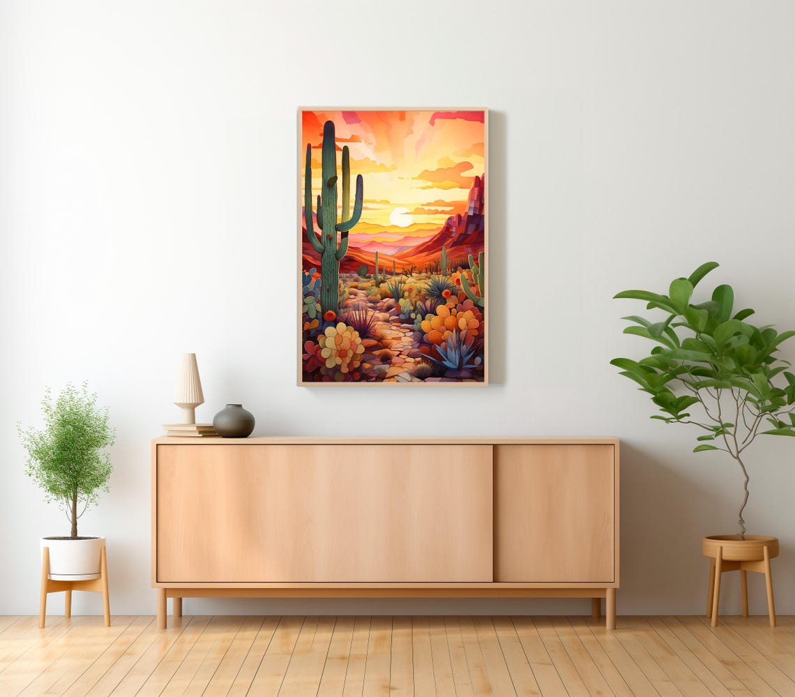 Desert Sunset Trail with Tall Saguaro and Agave Stylized Poster - Image 2