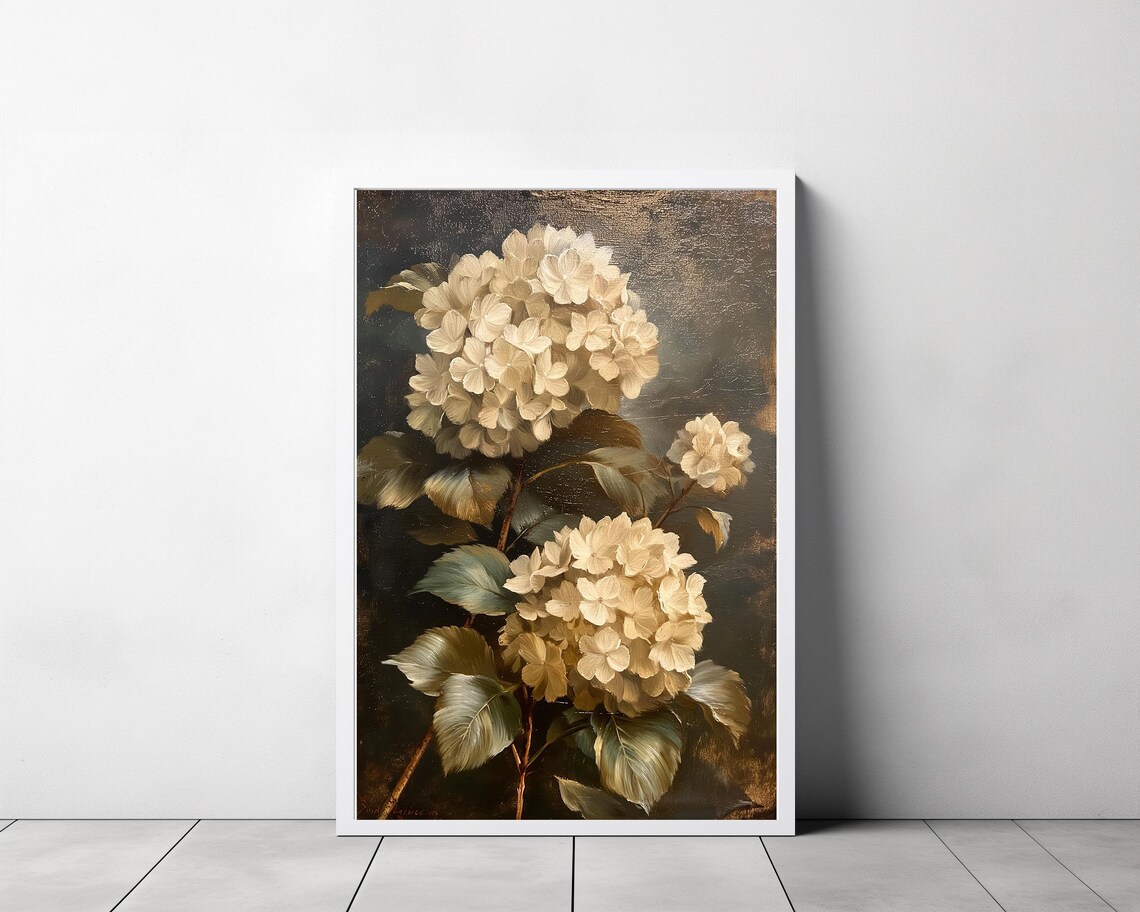 Moody Cream Hydrangea Blossom Clusters Dark Vintage Floral Poster - Image 3