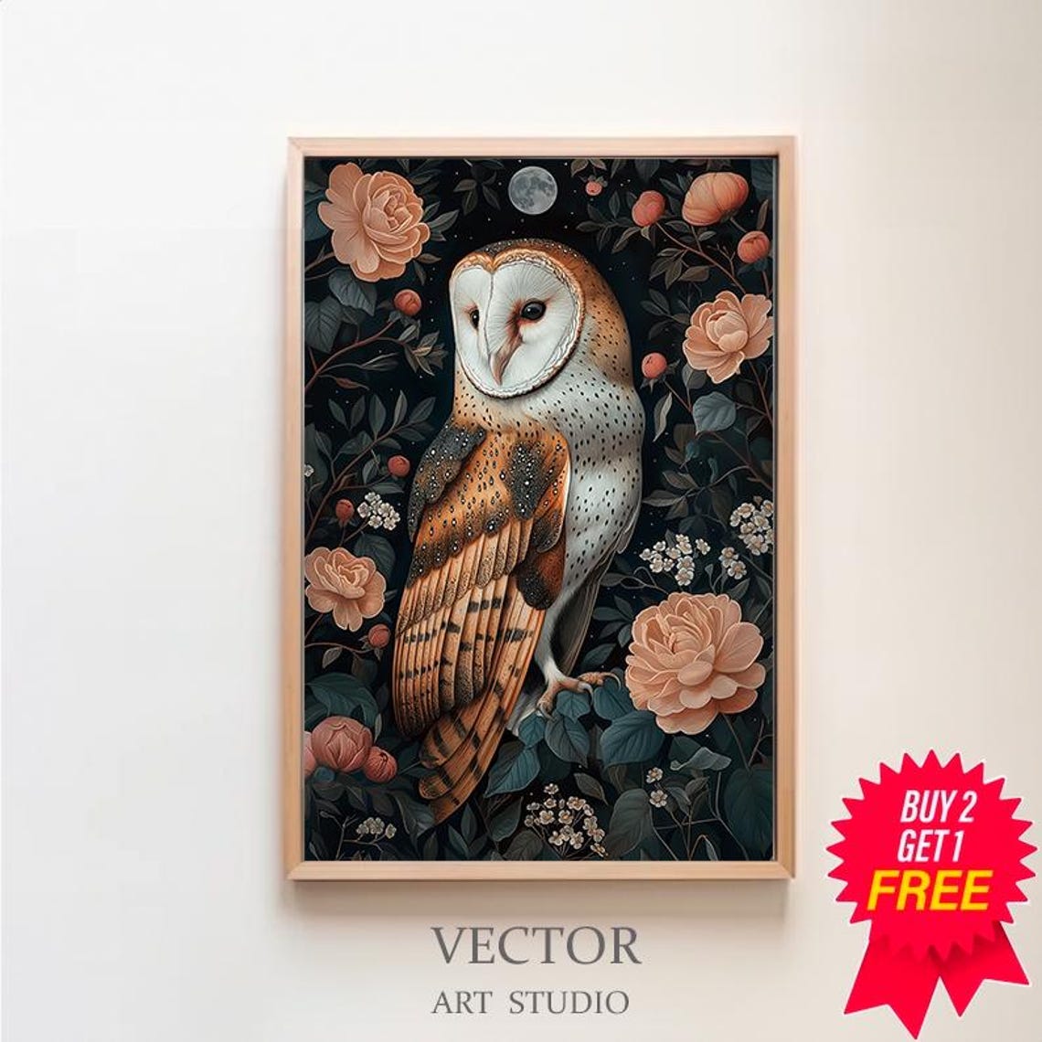 Barn Owl With Roses in a Dark Botanical Night Garden Art Poster