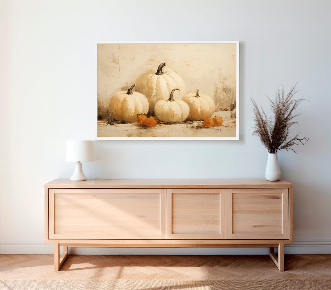 White Pumpkins with Persimmons Rustic Fall Still Life Wall Poster - Image 2