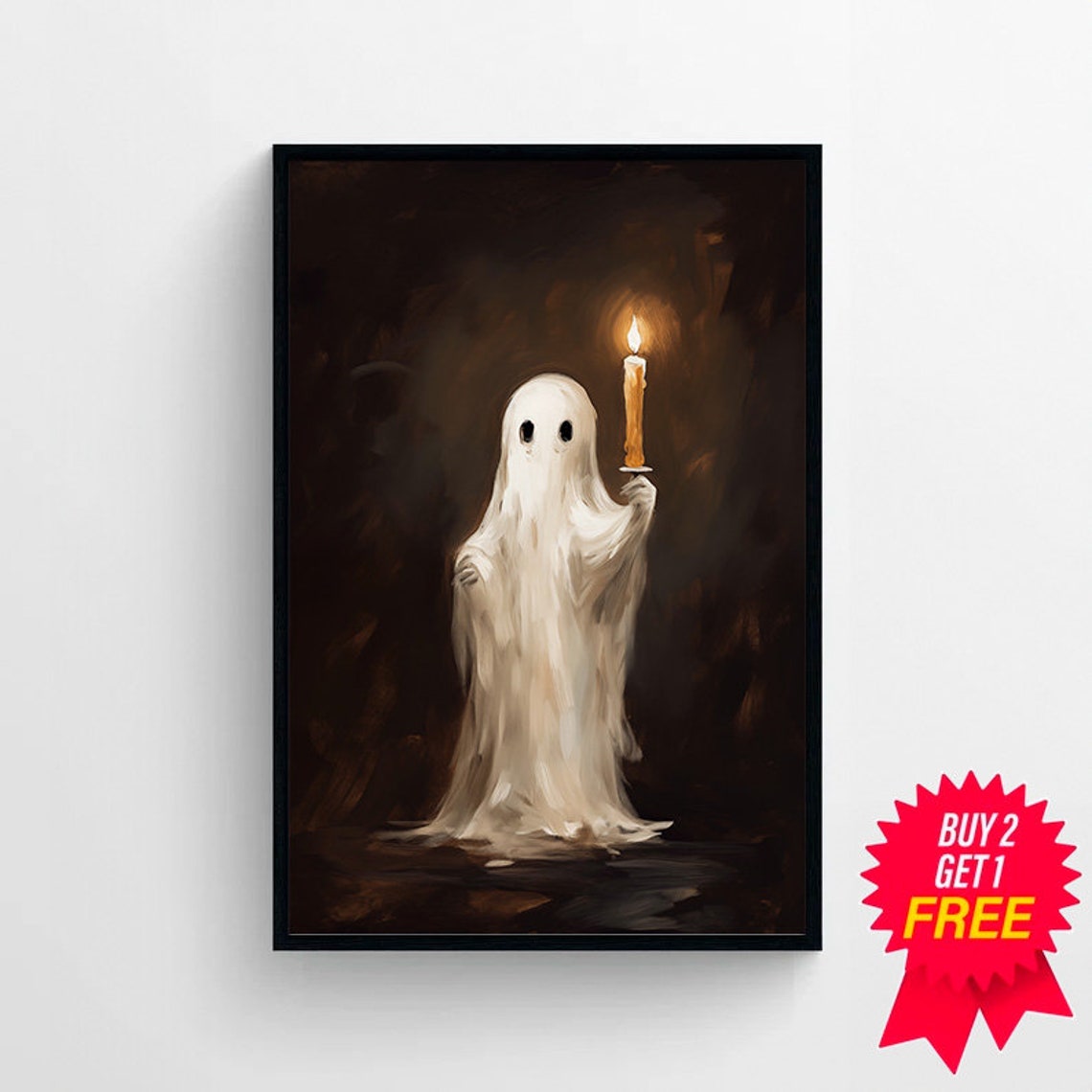 Small Ghost Holding a Lit Candle Alone in a Dark Room Poster - Image 4