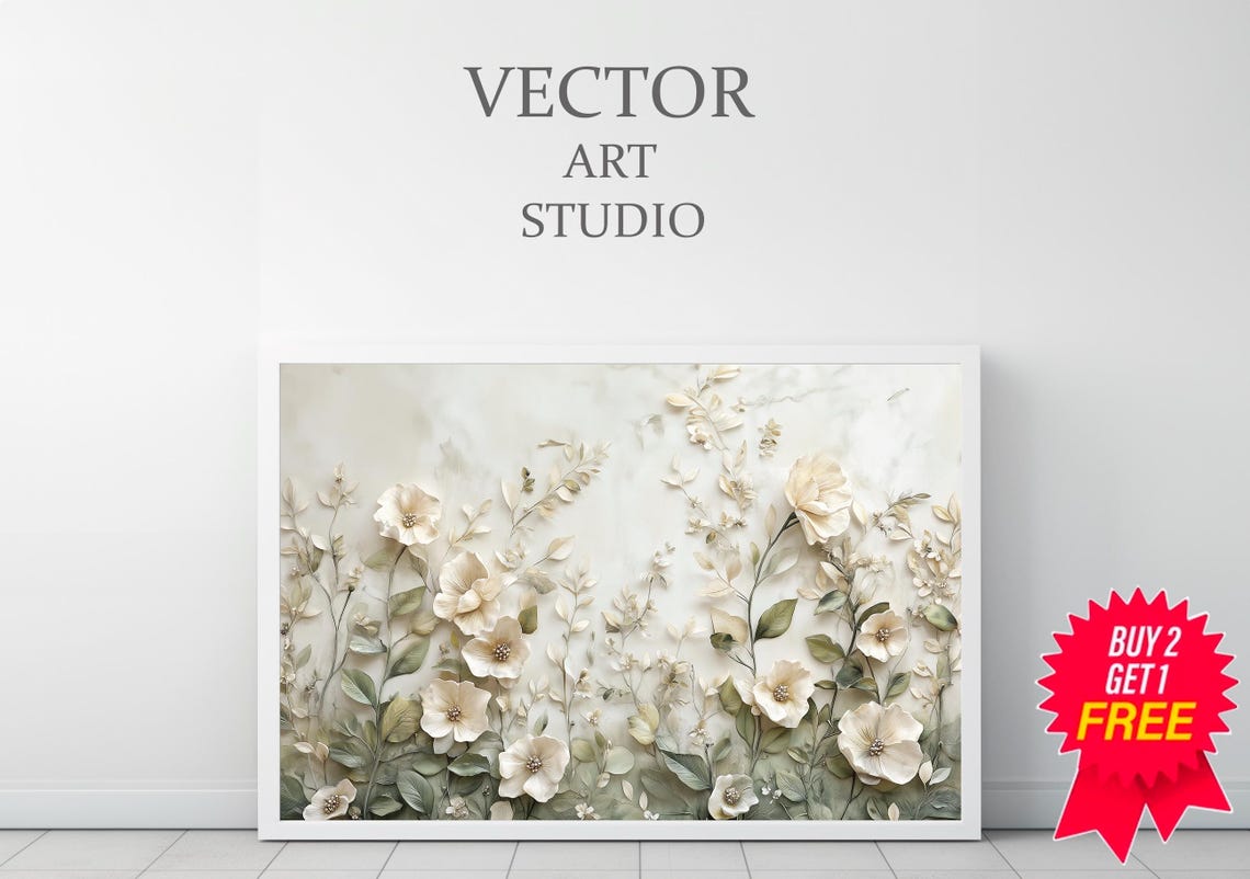 White Wildflowers On Marble Sage Green Textured Floral Poster - Image 3
