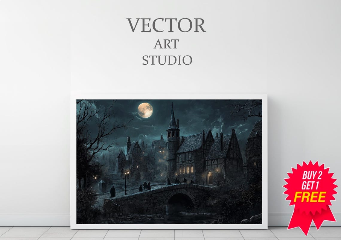 Moonlit Gothic Castle Village with Stone Bridge Dark Fantasy Poster - Image 3