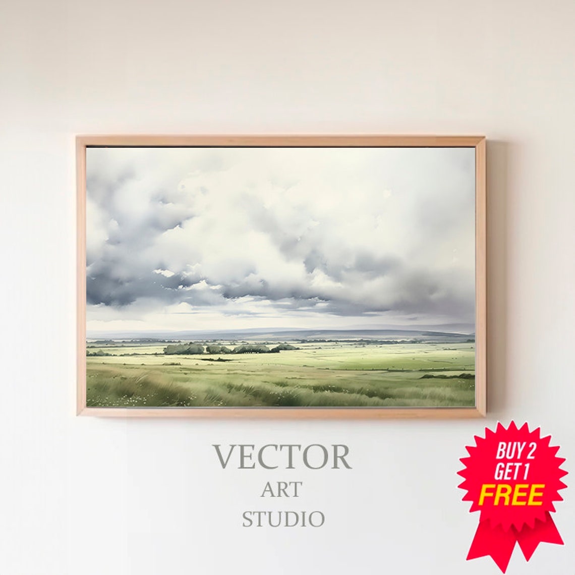 Green Meadow Under Storm Clouds Soft Watercolor Landscape Poster