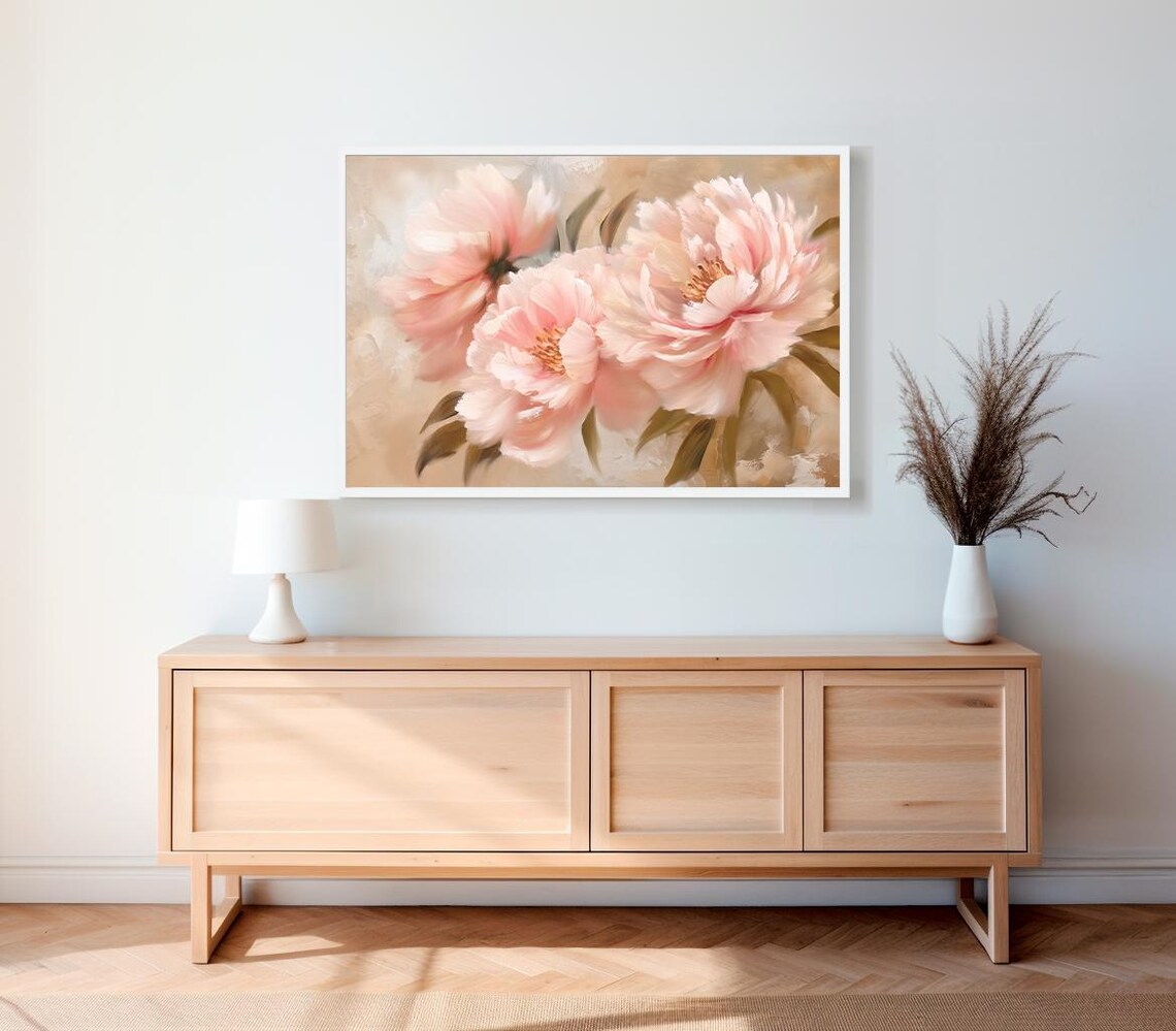 Soft Blush Pink Peonies Vintage Floral Oil Painting Wall Art - Image 2