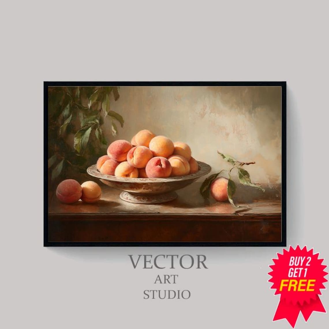 Dark Moody Pedestal Bowl Of Peaches Vintage Oil Painting Poster - Image 4