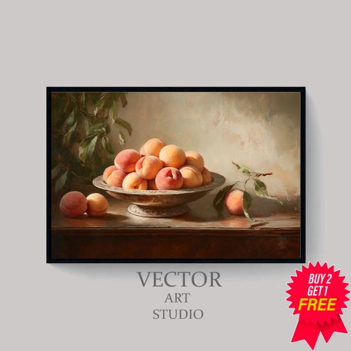 Moody Vintage Fruit Still Life Peaches Oil Painting Collection Tranquil Stillness By Artedya Wall Art - Image 4