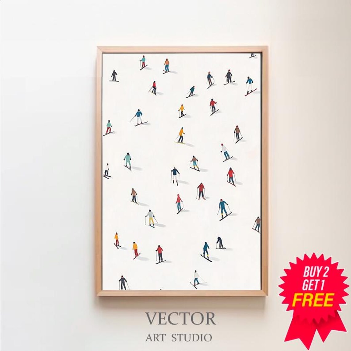 Minimalist Aerial View of Colorful Skiers on White Snow Poster