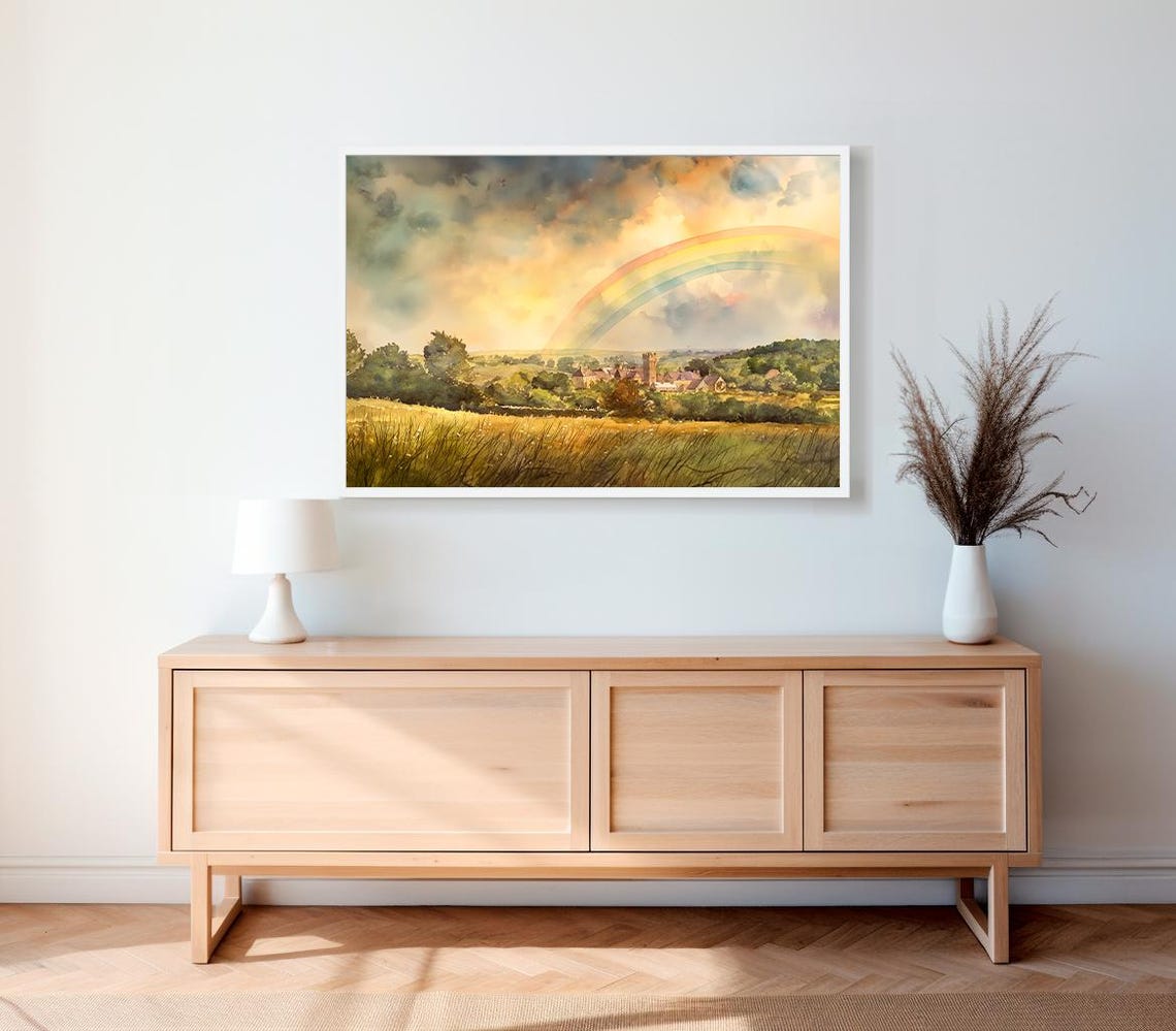 Rainbow Over Golden Countryside Village Watercolor Landscape Poster - Image 2