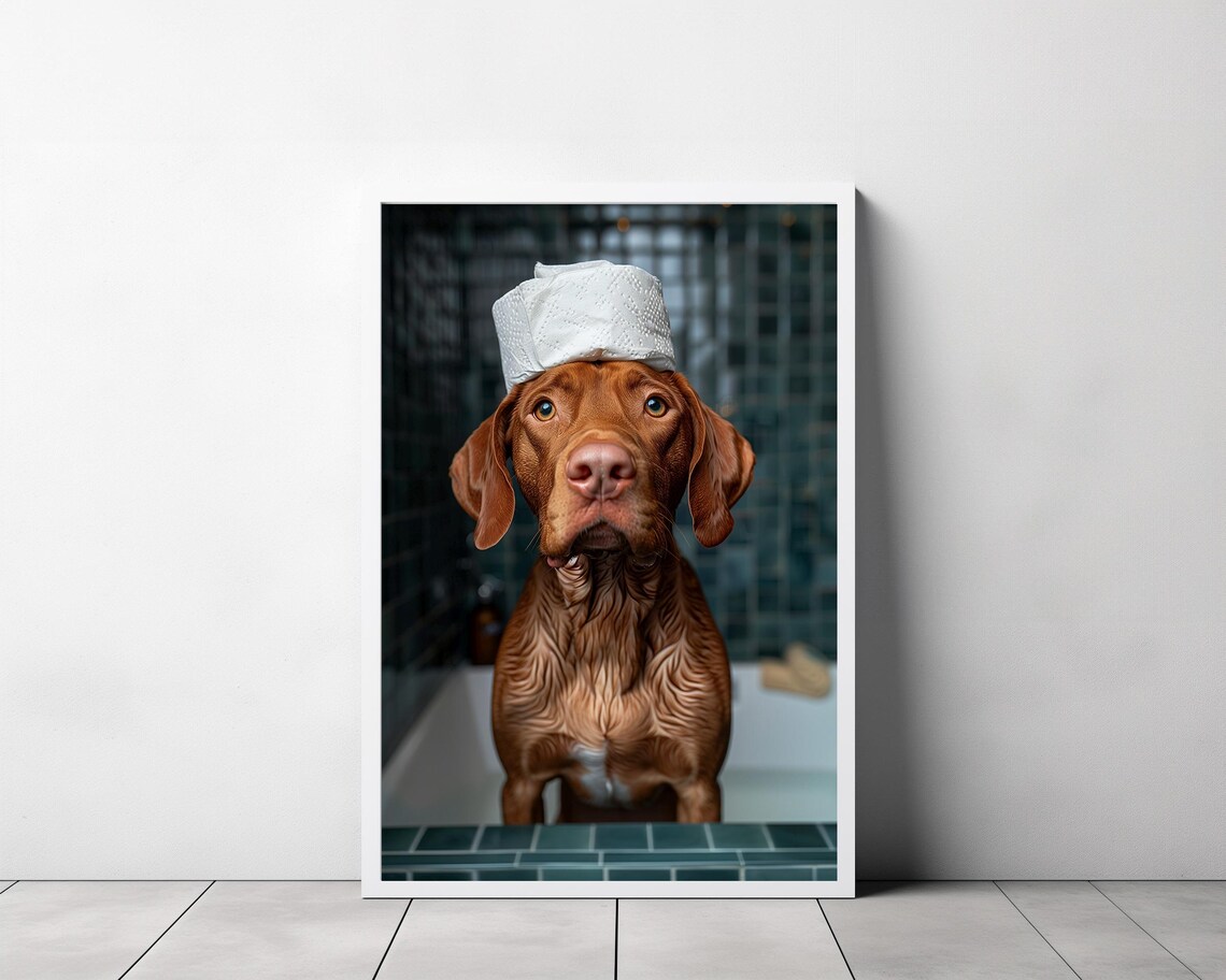 Funny Wet Vizsla in Shower with Toilet Paper Turban Bathroom Poster - Image 3