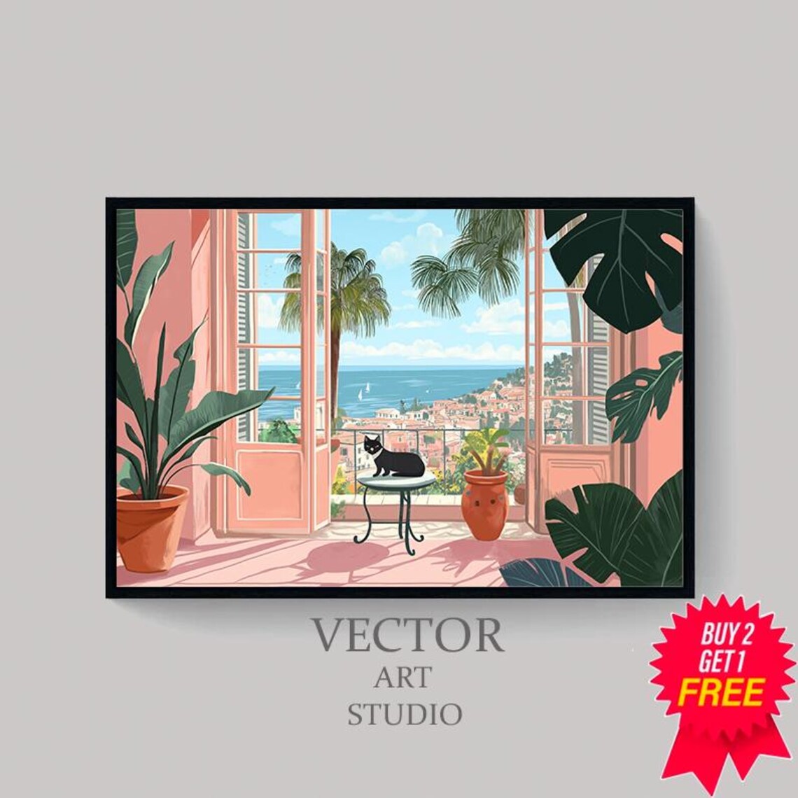 Sunny Coastal Terrace with Black Cat Tropical Interior Art Print - Image 4