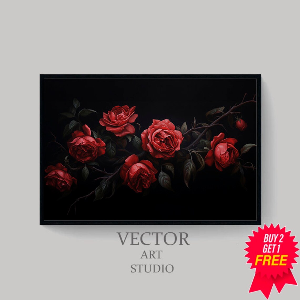 Dark Red Roses on Thorn Branch Moody Black Background Poster - Image 4