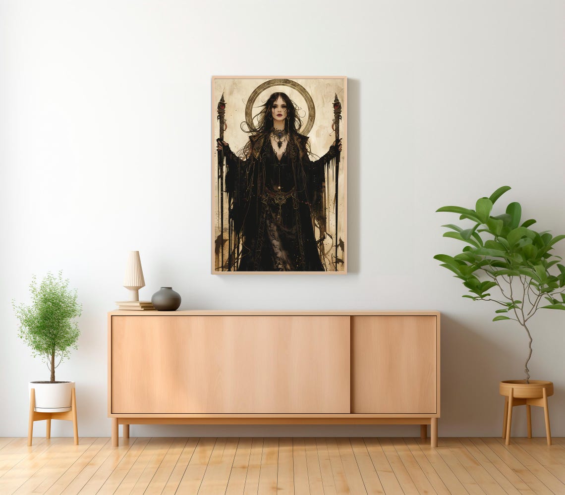Dark Moon Goddess With Twin Staffs Occult Mythology Fantasy Art Poster - Image 2
