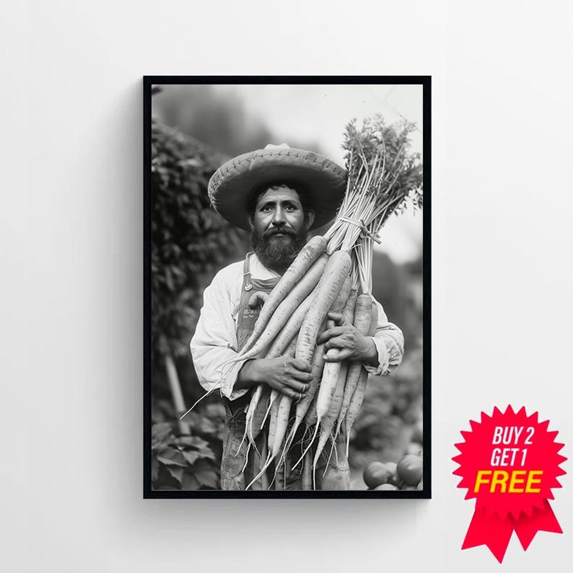 Vintage Mexican Farmer Holding Giant White Carrots Photo Poster - Image 4
