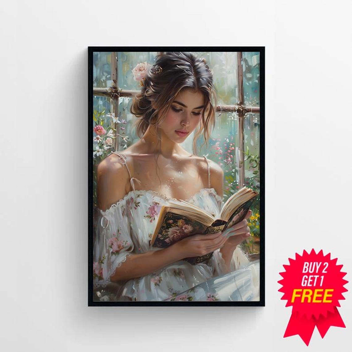 Romantic Woman Reading by a Window Framed with Pink Roses Poster - Image 4