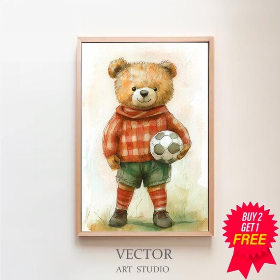 Teddy Bear in Red Plaid Sweater Holding a Soccer Ball Poster