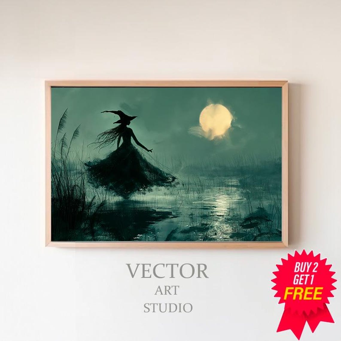 Witch Silhouette in a Moonlit Marsh with Reeds Halloween Poster