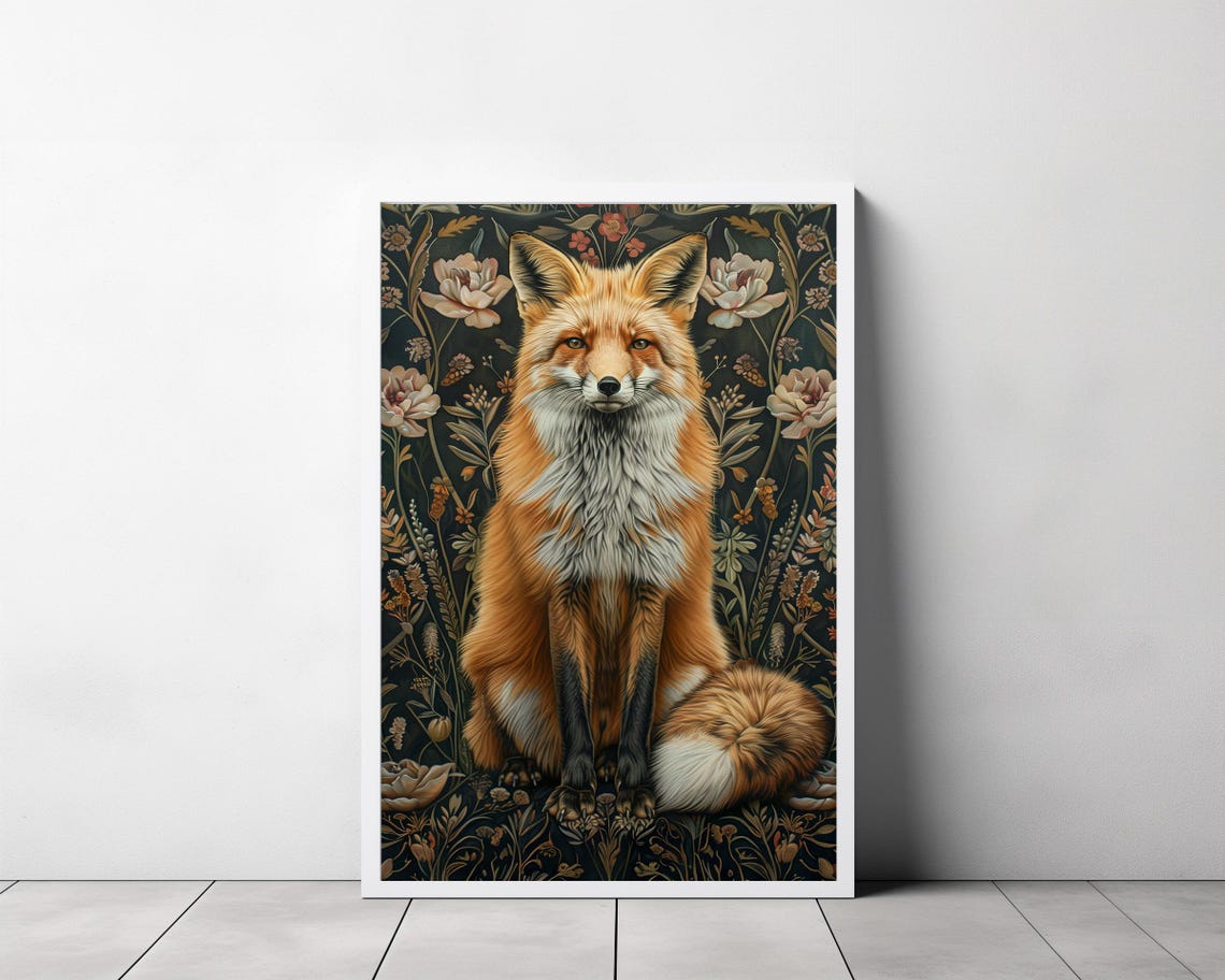 Red Fox Among Blush Roses on a Dark Moody Botanical Art Poster - Image 3