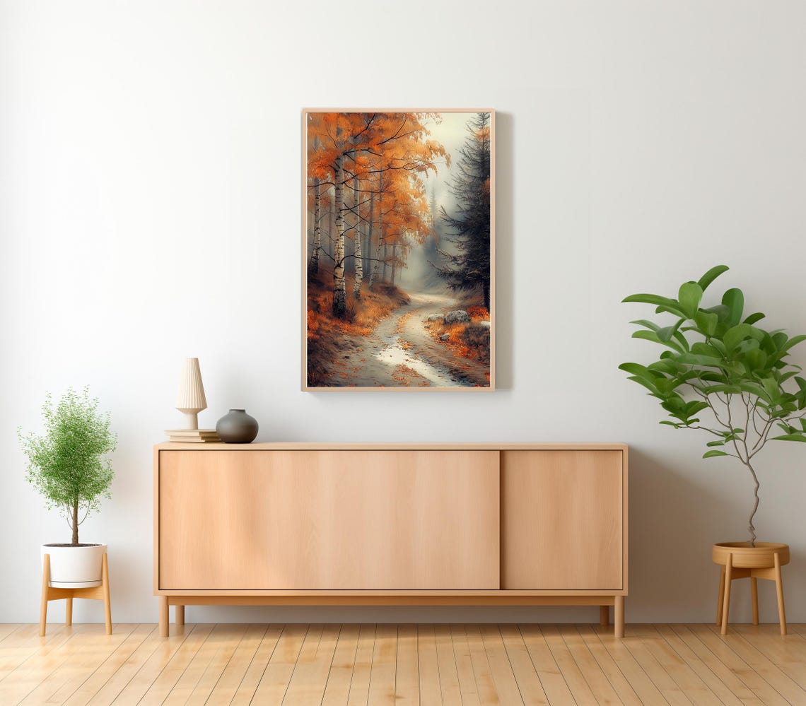 Fiery Orange Birch Tree Avenue Misty Autumn Forest Path Poster - Image 2