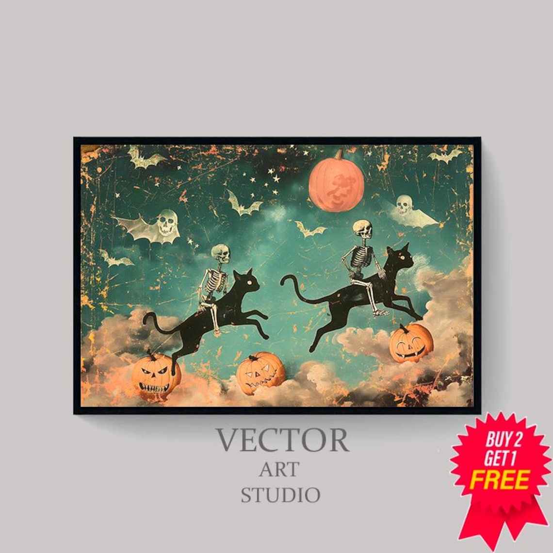 Vintage Halloween Black Cat and Ghost Art Print - Image 4