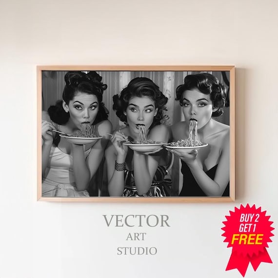 Three Women Eating Spaghetti Vintage Black White Photo Poster