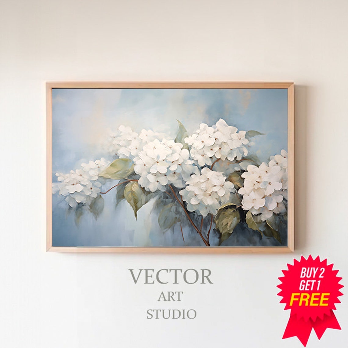 White Hydrangea Branch with Leaves on Blue Spring Botanical Art Poster