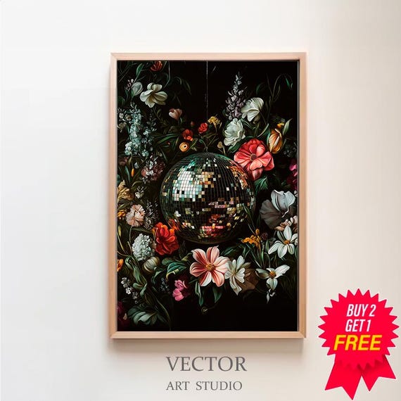 Vivid Wall Art Disco Ball Maximalist Painting Bold Eclectic Botanical Print Green Trendy Kitsch Poster Colorful Dopamine Decor