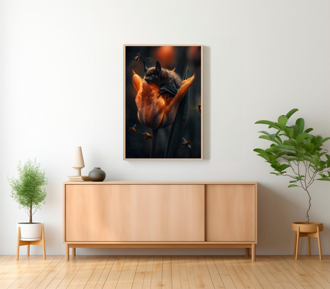 Whimsical Bat Nestled in a Fiery Orange Tulip Fantasy Night Poster - Image 2