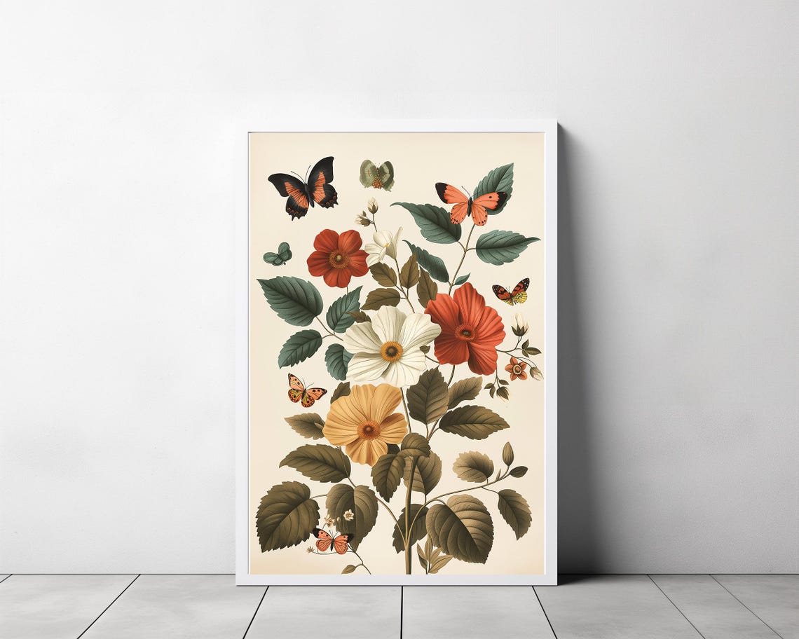 Delicate Vintage Botanical Flowers and Butterflies Cream Poster - Image 3