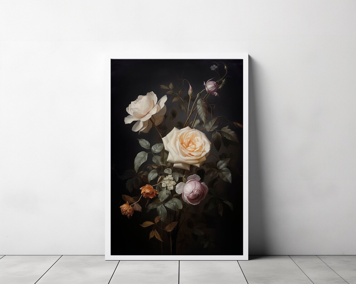 White and Blush Roses on Black Dark Academia Floral Still Life Poster - Image 3