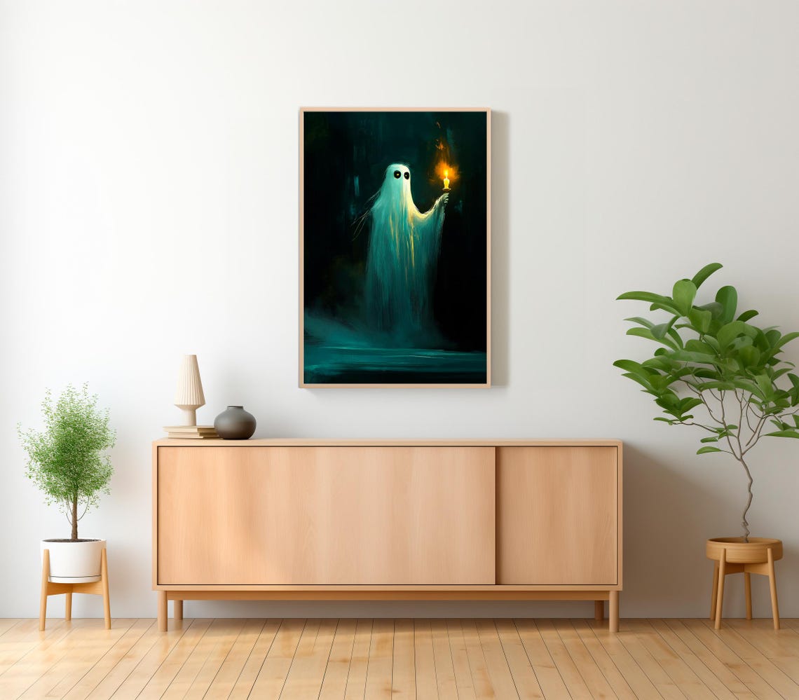 Glowing Ghost Holding a Candle in the Dark Painterly Art Poster - Image 2