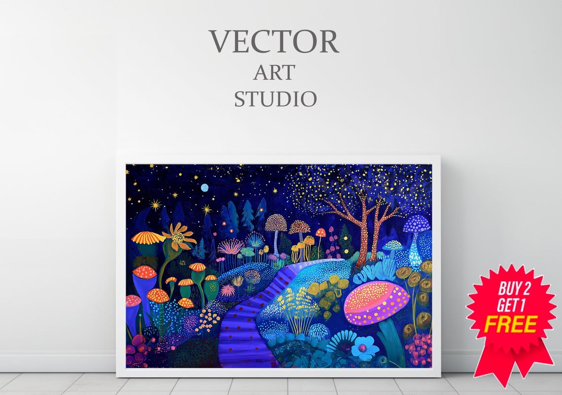 Magical Dotted Night Garden With Glowing Mushrooms Fantasy Poster - Image 3