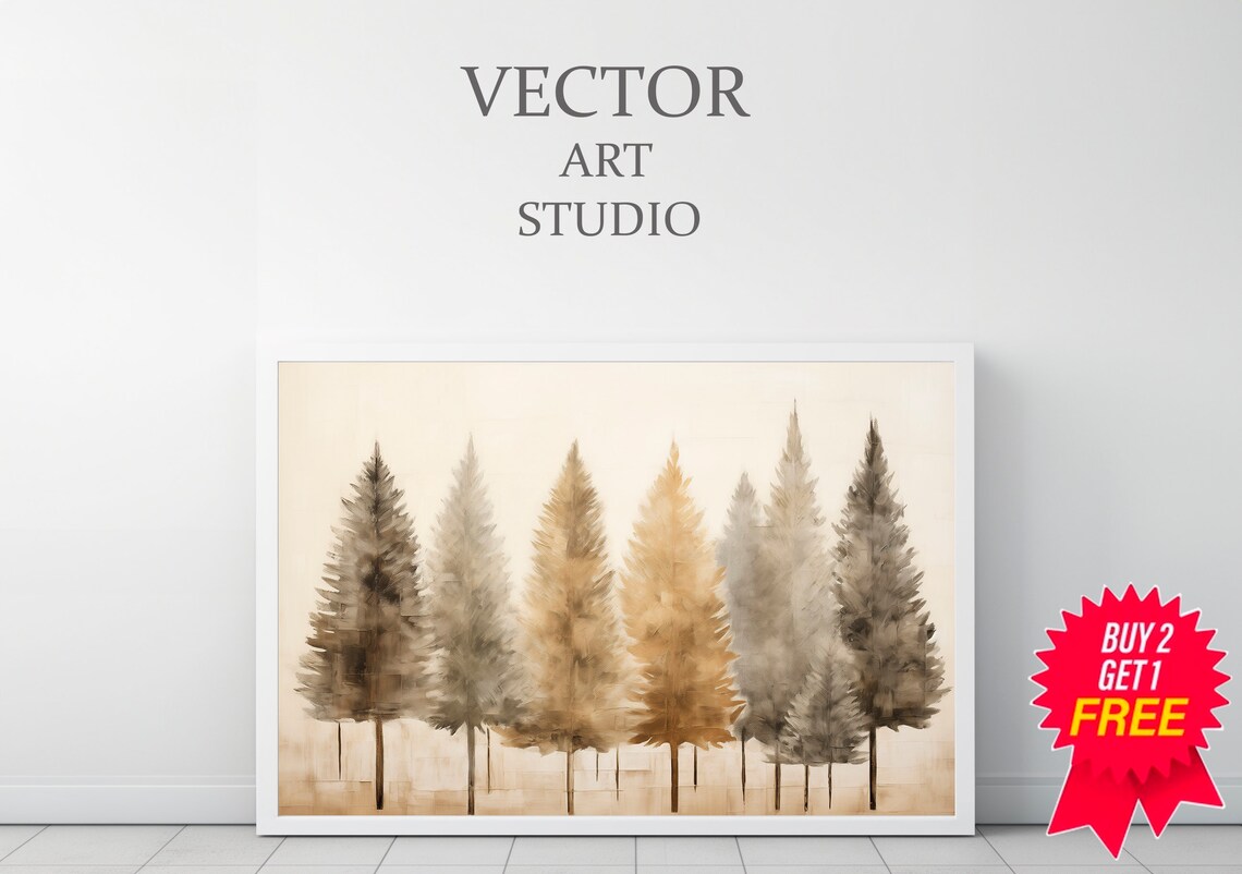 Row of Muted Watercolor Pine Trees in Beige and Gold Tones Poster - Image 3