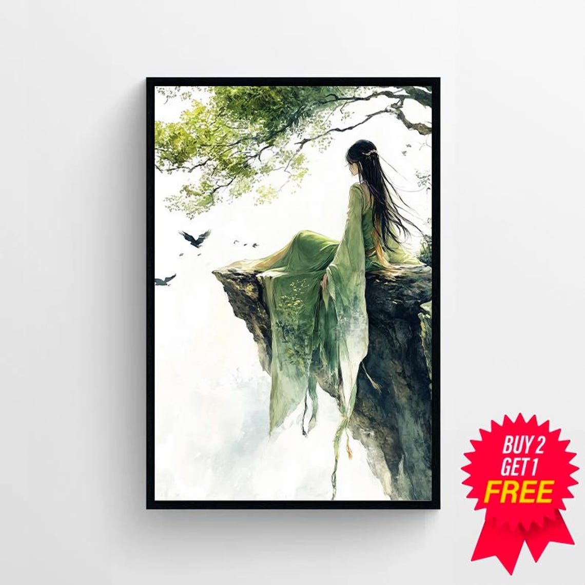 Artemis Goddess in Green Robe Seated on Misty Cliff Edge Art Poster - Image 4