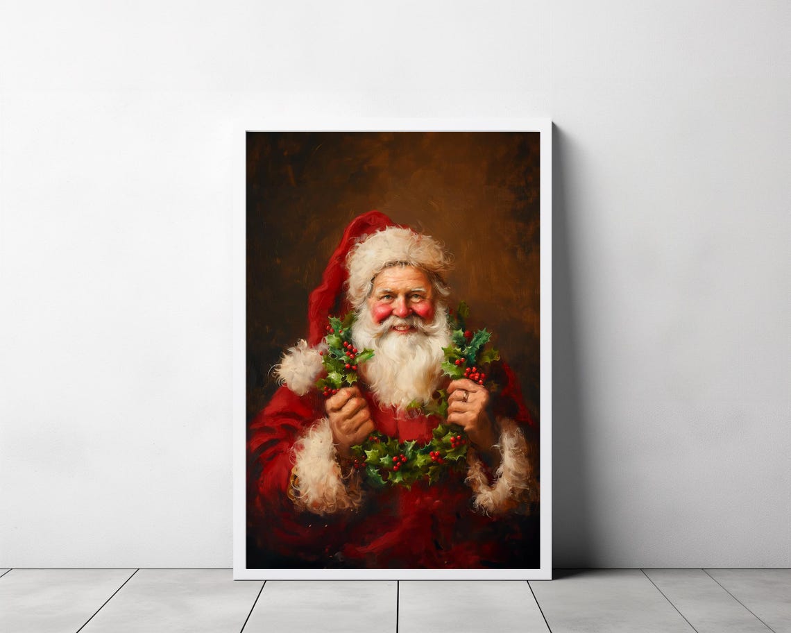 Vintage Santa Holding Holly Wreath Christmas Oil Painting Poster - Image 3
