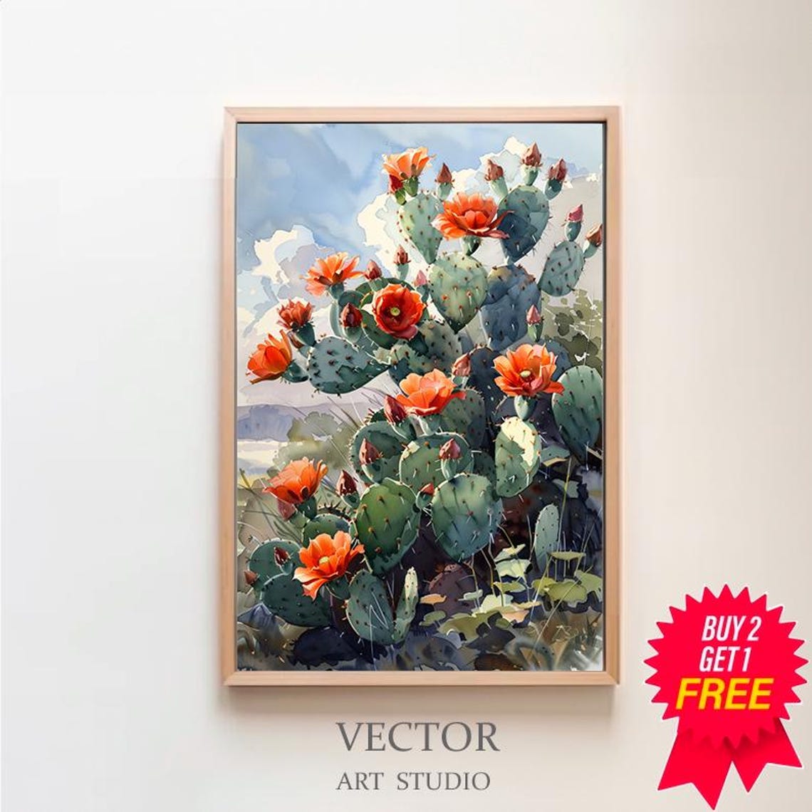 Orange Blooming Prickly Pear Cactus Under Blue Sky Watercolor Poster