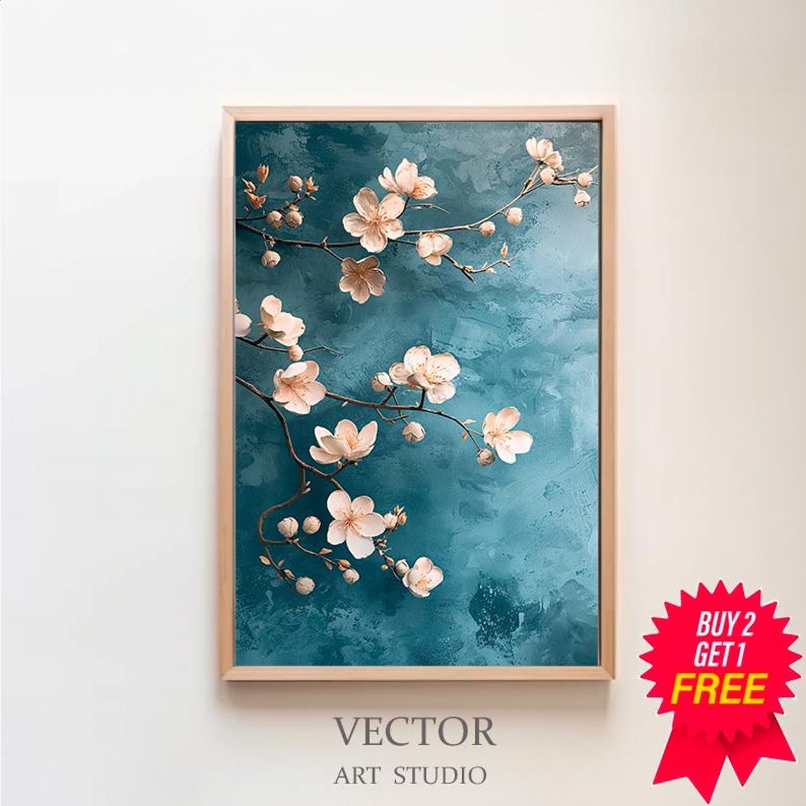 Pink Cherry Blossom Branches on Deep Teal Background Spring Poster