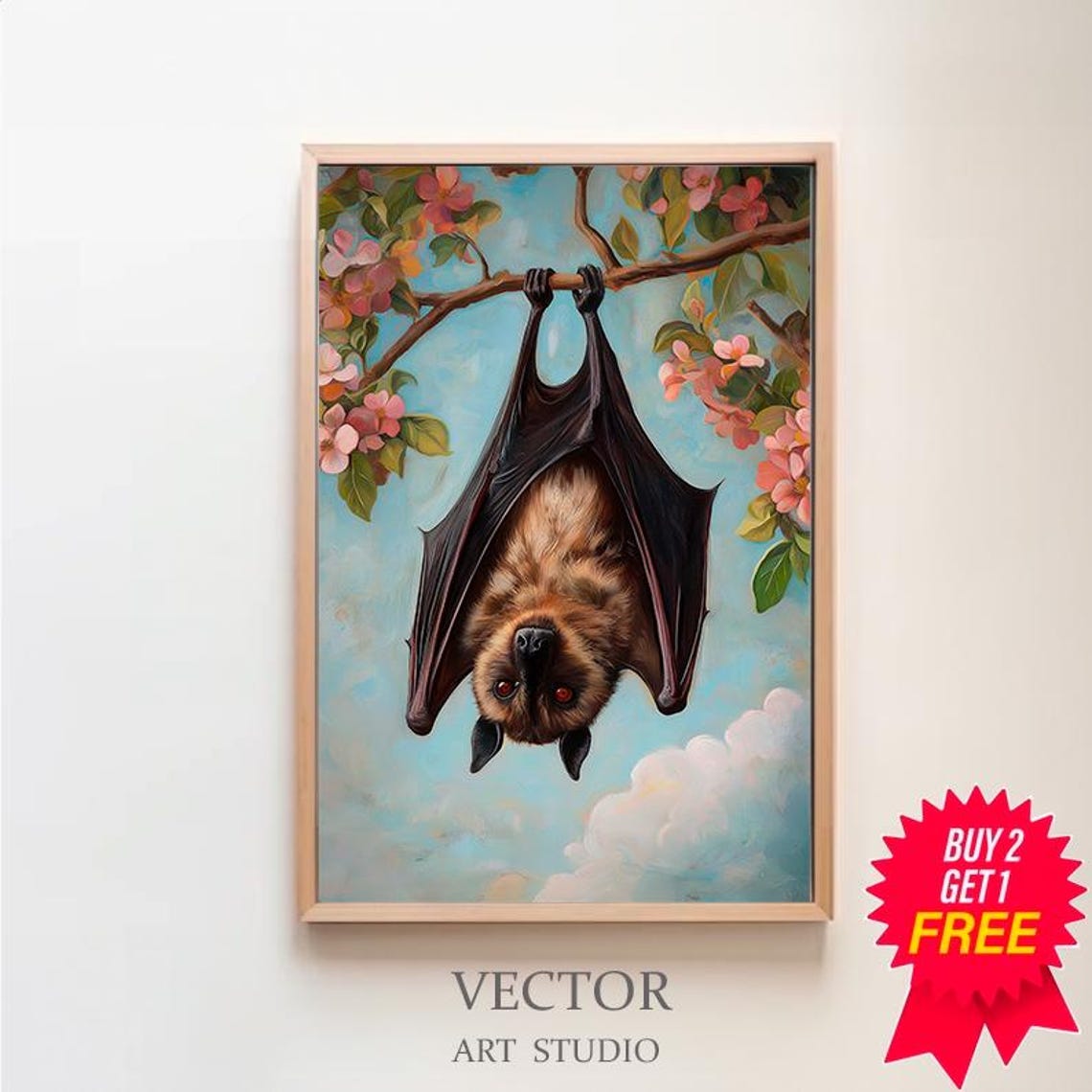 Flying Fox Bat Hanging from a Flowering Branch Painting Poster