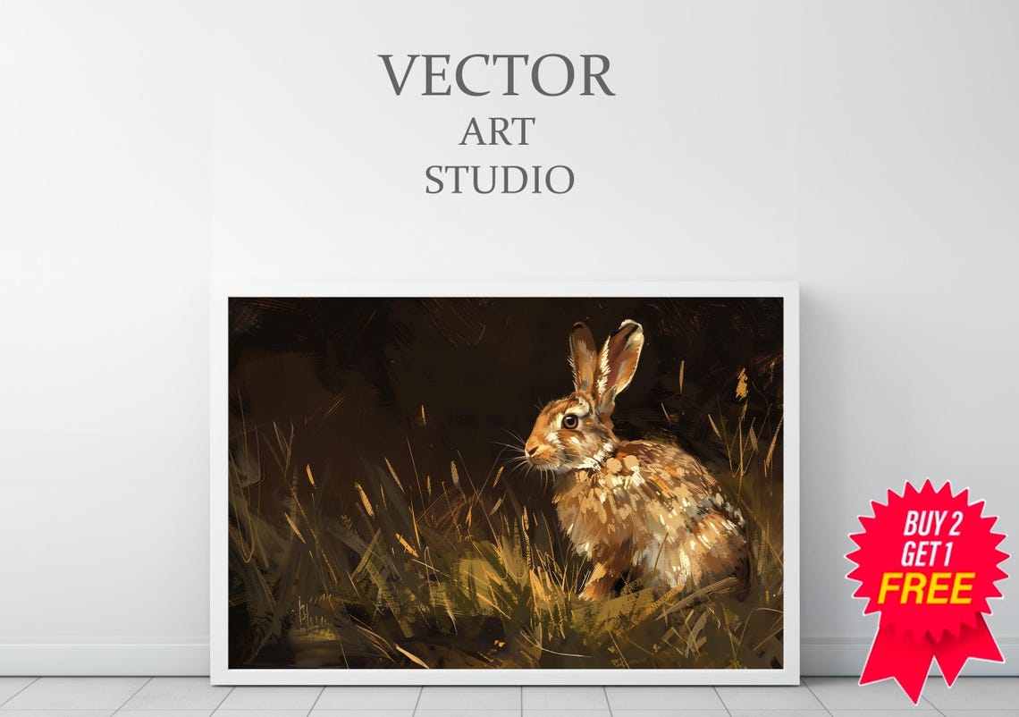 Alert Brown Bunny in Tall Golden Grass Dark Rustic Art Poster - Image 3