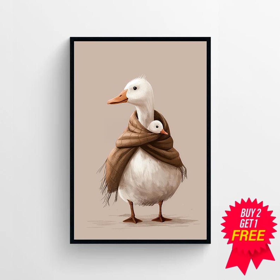 Mother Duck Wrapping Duckling in Brown Scarf Sweet Nursery Poster - Image 4