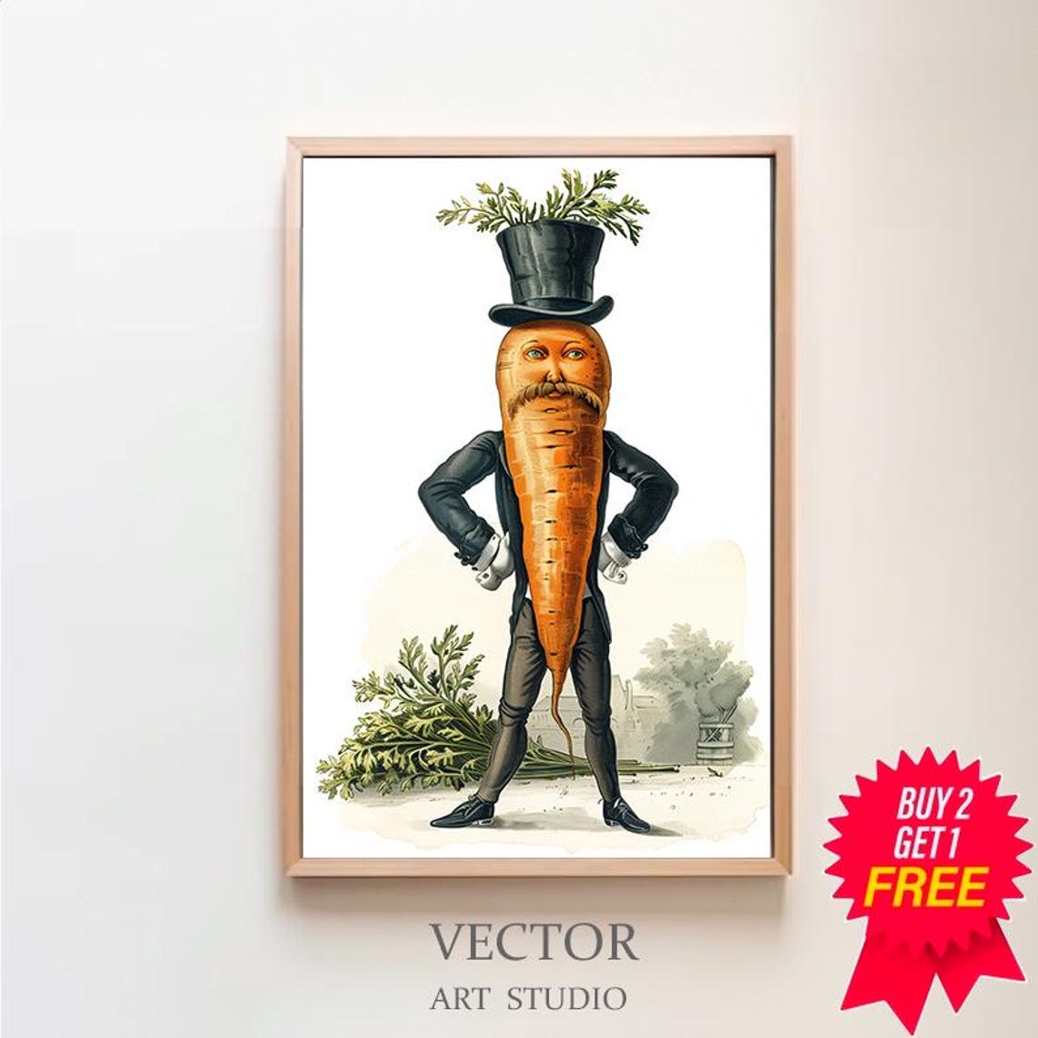 Dapper Carrot Gentleman with Top Hat Vintage Funny Character Poster