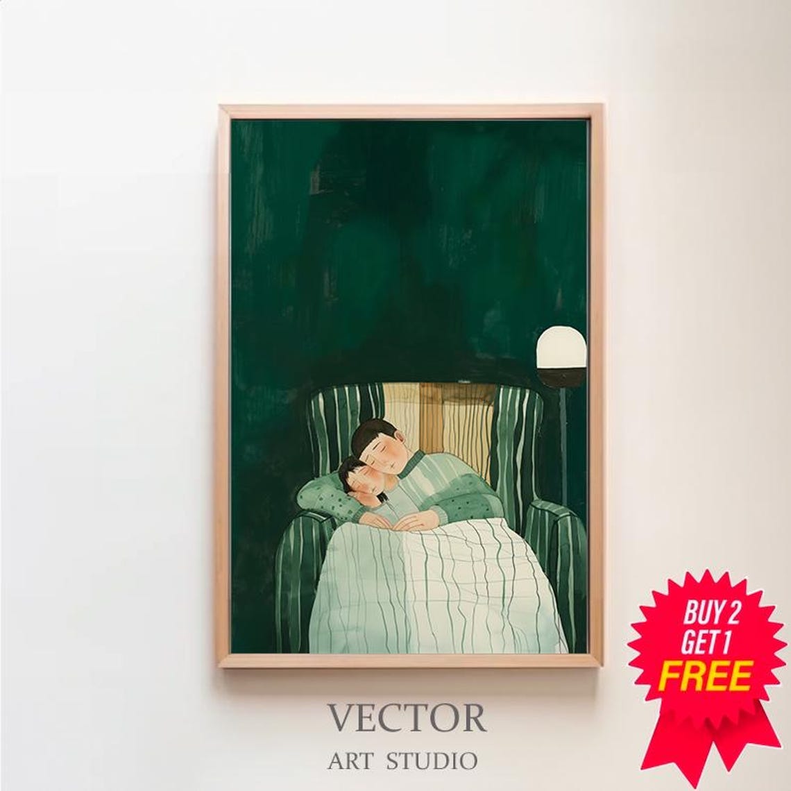 Couple Embraced in Bed Under an Emerald Green Night Sky Art Poster