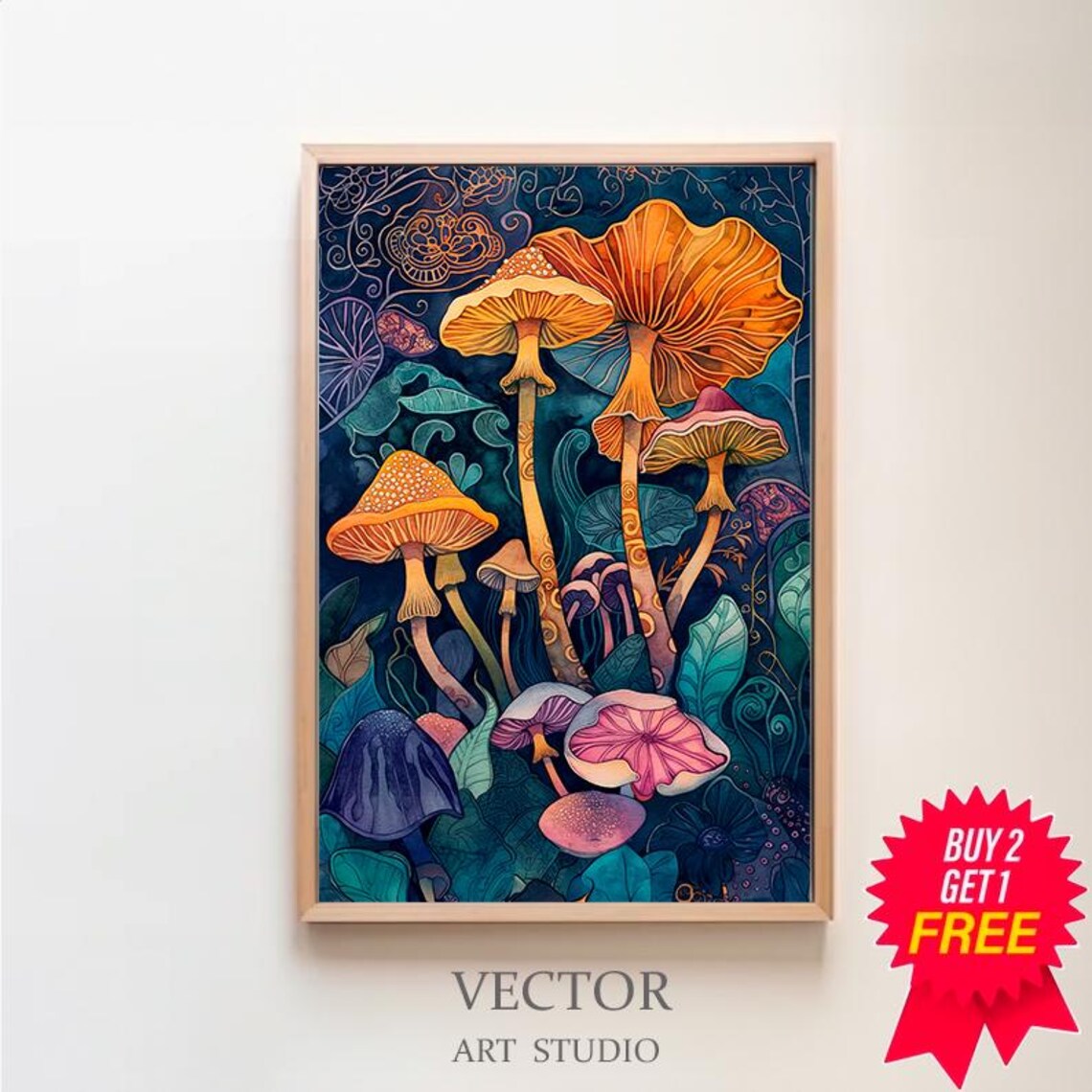 Colorful Whimsical Mushrooms on Dark Teal Art Nouveau Style Wall Art